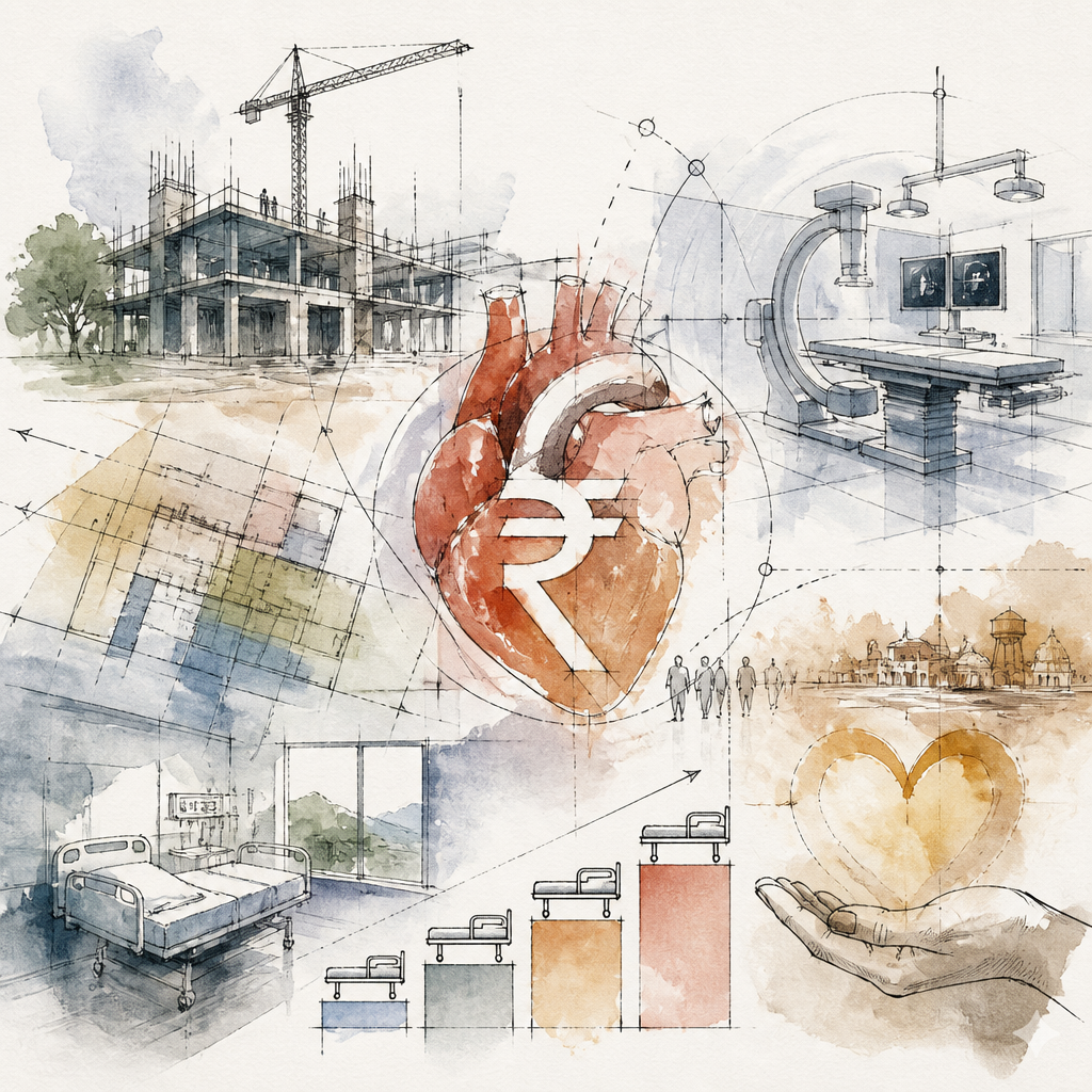 Watercolour concept sketch: cardiac hospital cost — heart with rupee symbol, construction crane, hospital bed and CT scanner.
