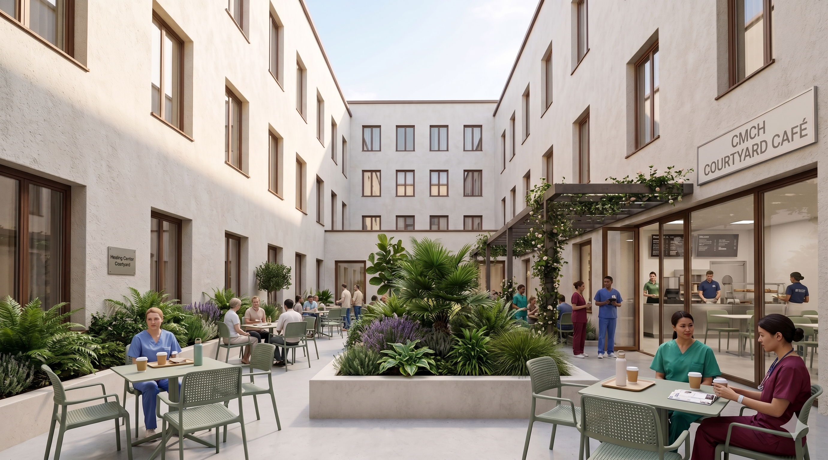 CM Chopra Hospital Chomu — central courtyard café by Studio Athenos