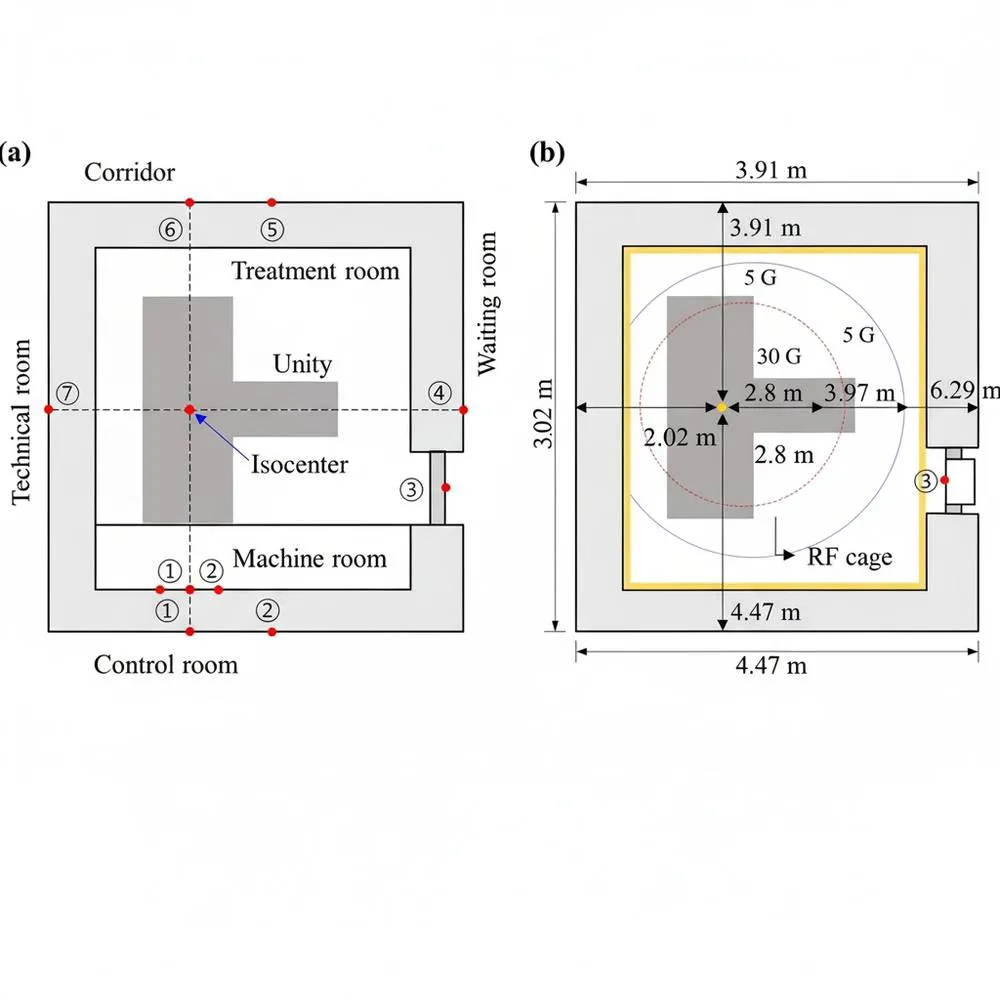 LINAC bunker shielding layout in plan — treatment room and maze entry wrapped by primary and secondary barriers, with control, technical and machine rooms and dose isolines.
