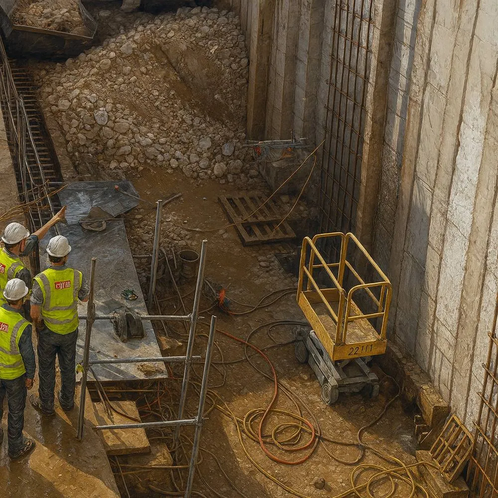 A LINAC radiotherapy bunker under construction — deep excavation with dense shielding-concrete walls and heavy reinforcement.
