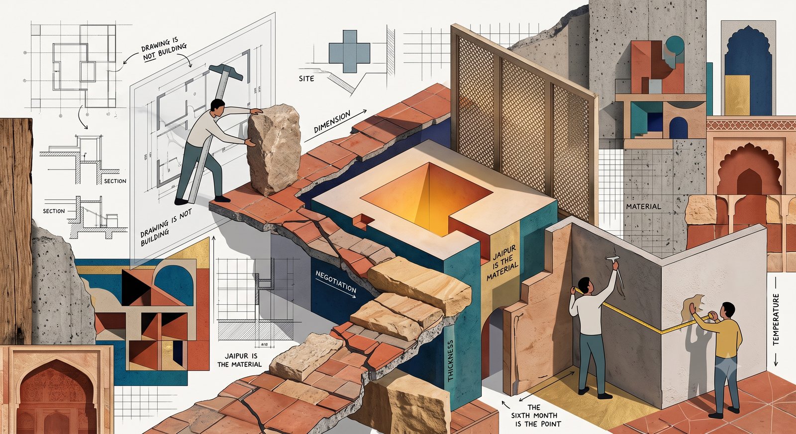 Isometric drawing of an architect holding a block of stone against a plan, a Jaipur courtyard cut open in section, a jali screen, and sandstone and brick construction, annotated with the terms drawing is not building, dimension, negotiation, thickness, material and temperature.