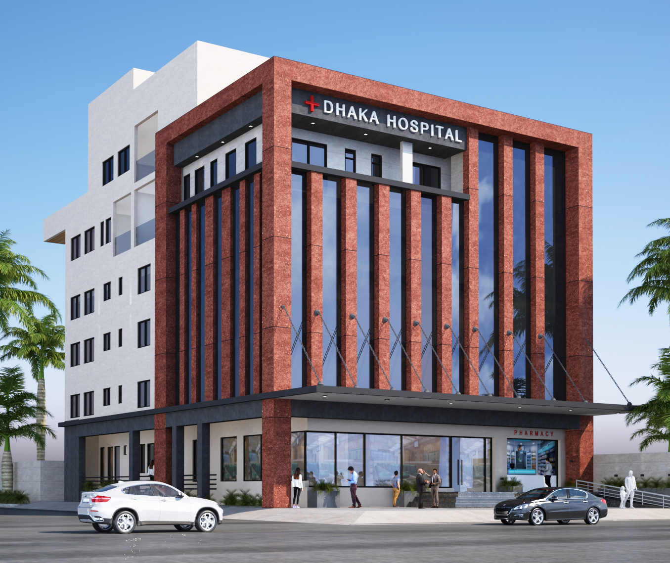 Dhaka Hospital Deedwana — lit evening exterior by Studio Athenos