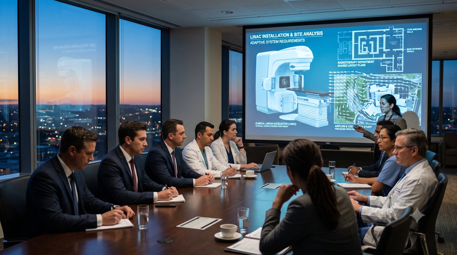 A hospital board reviews a LINAC installation and site-analysis presentation before a purchase decision — the machine, the department layout and the approach routes shown together.