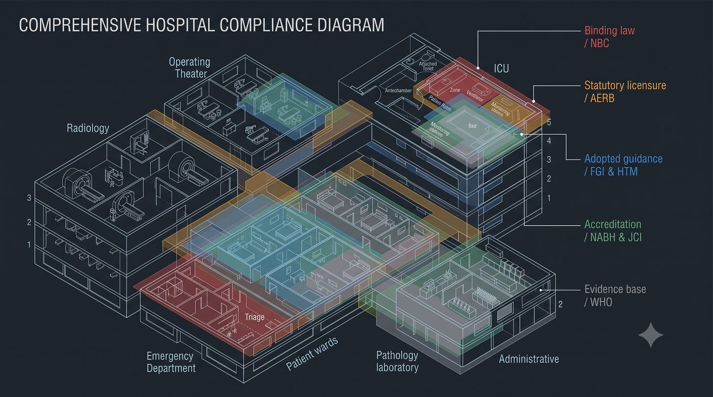 Isometric diagram of a multi-department hospital — ICU, Operating Theater, Radiology, Emergency, Patient wards, Pathology laboratory, Administrative — with colour-coded overlays labelling binding law, statutory licensure, adopted guidance, accreditation and evidence base.
