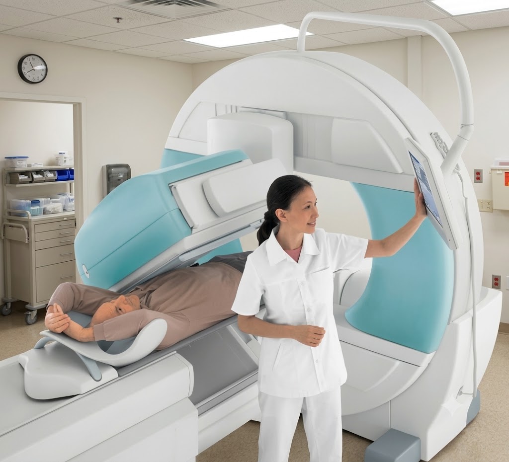 A nuclear medicine technologist positioning a patient beneath a SPECT gamma camera detector head in an imaging room.