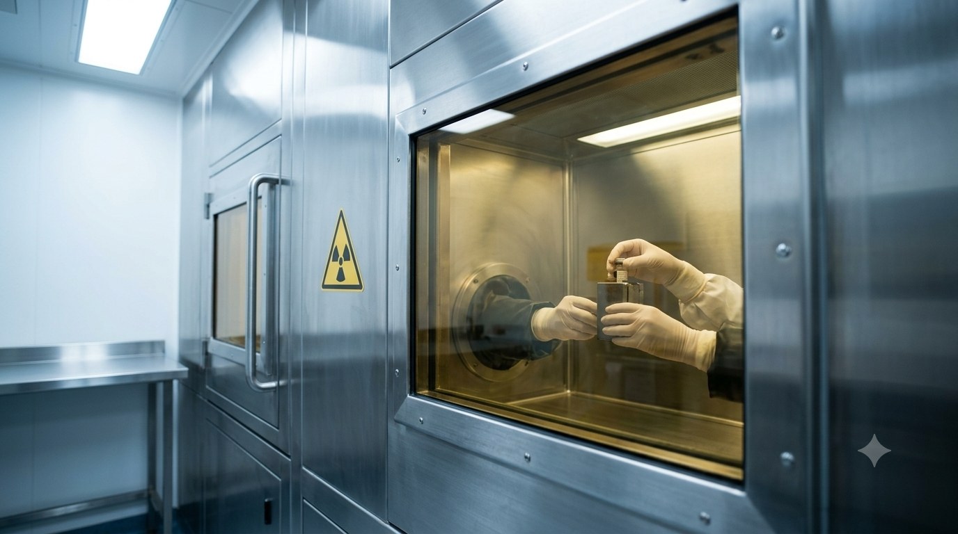 A shielded isolator in a hospital hot lab, where radiopharmaceutical doses are drawn behind leaded glass.