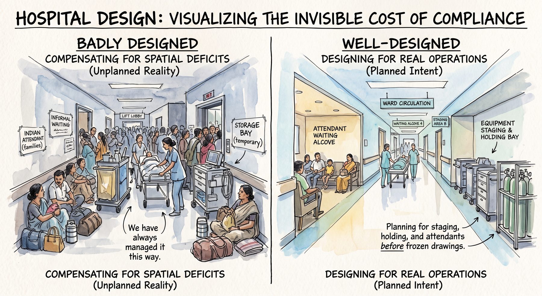 Two hospital corridors compared side by side — one where attendants, trolleys and equipment have occupied the circulation, and one where waiting alcoves and staging bays were planned for them.