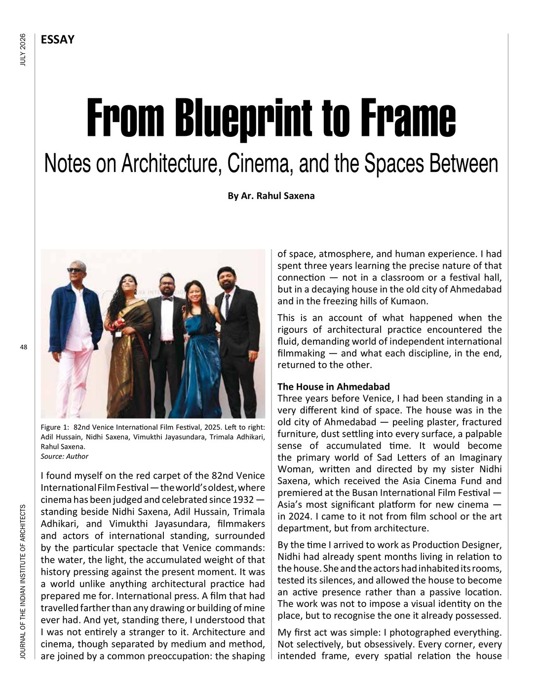 Opening page of the essay as printed in the Journal of the Indian Institute of Architects, July 2026, page 48
