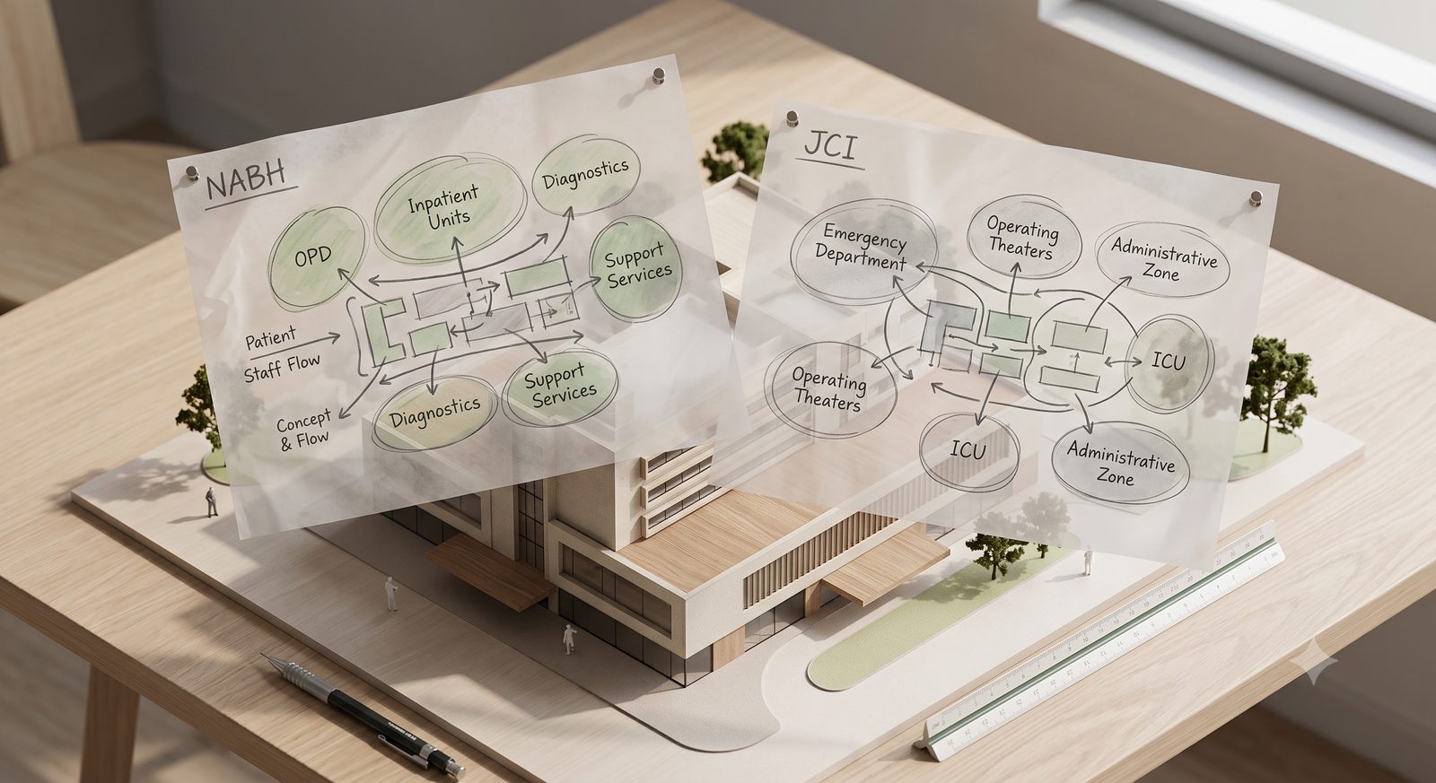 A hospital model with transparent overlays tracing NABH and JCI planning flows through Emergency, ICU, OT and support departments.