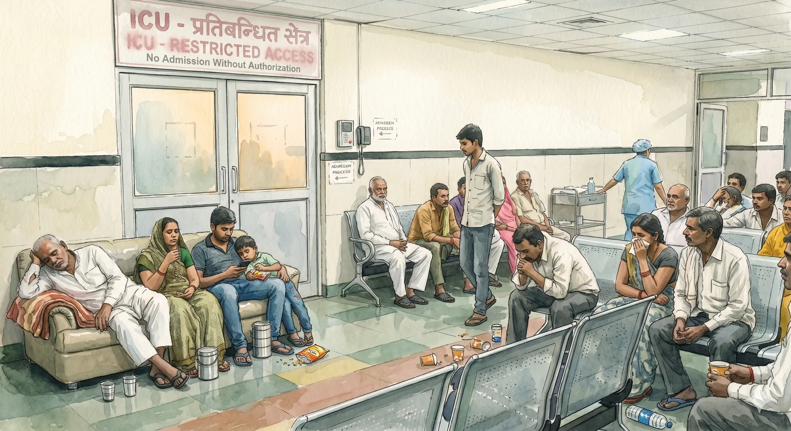 Hospital waiting corridor — the architecture of waiting. Studio Athenos, Jaipur.
